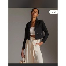 Maeve Anthropologie Black Cropped Blazer Jacket Contrast Piping Pockets Size 8