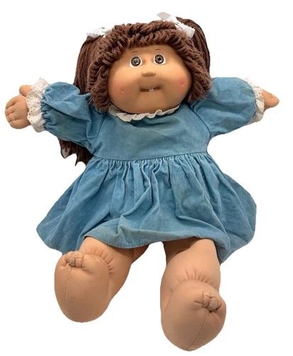 1985 Coleco Cabbage Patch Kids 16” Girl Doll Brown Hair Pigtail Brown Eyes Tooth