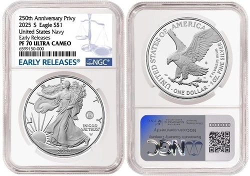 2025-S (PF70) Proof American Silver Eagle~U.S NAVY Privy Early Release ER $1 NGC