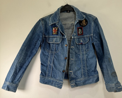 US Top Trucker Jeansjacke Damen Gr. 4 UK 12-14 Blau Denim Patch Logo Vintage