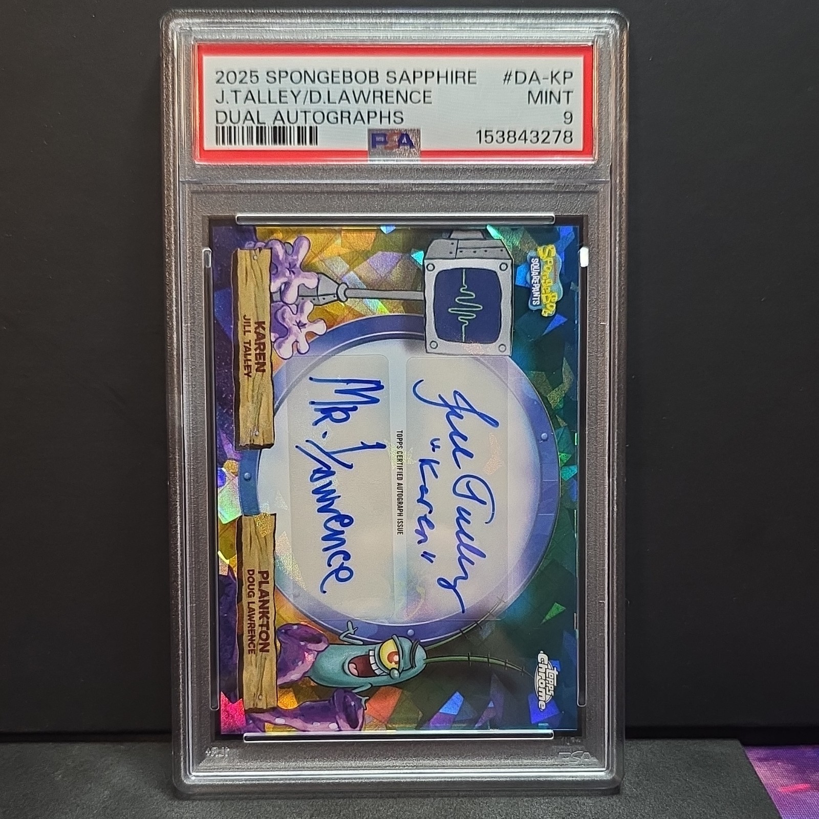 Topps 2025 SpongeBob Sapphire Karen Plankton Dual Autographs DA-KP PSA 9