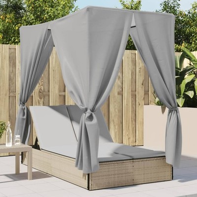 vidaXL Doppel-Sonnenliege mit Dach und Vorhängen Schwarz Poly-Rattan