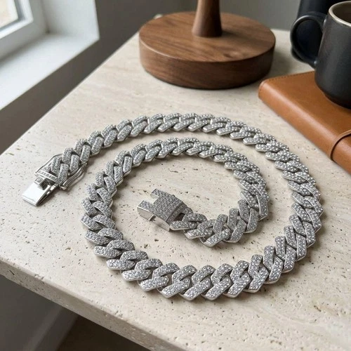 Iced Out Cuban Link Chain Silver Rhinestone Miami Necklace 14mm 16 in - product listing photo