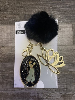 *Disney Parks Princess Jasmine, Lotus Flower & Black Pom Pom Keychain NEW