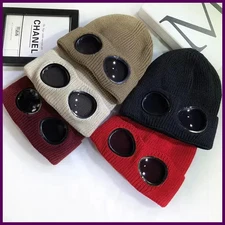 Unisex Men Women Knitted Hat with Goggles Windproof Winter Warmer Ski Beanies.