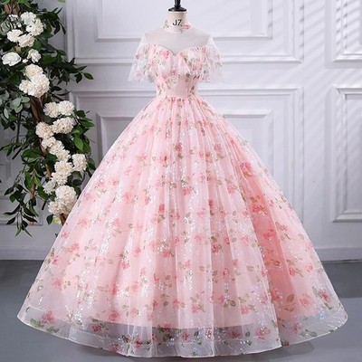Luxury Floral Print Long Evening Dresses Round Neck Party Formal Prom Dresses
