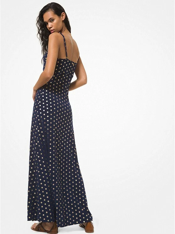 NEW 125 MICHAEL Michael Kors Metallic Print Maxi Dress True Navy Gold Size XS