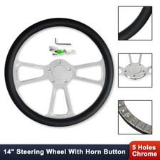 14 Steering Wheel Chrome Aluminum Black Leather W 5 Holes Horn Button Hot Rod