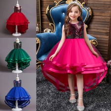 Flower Girls Pageant High Low Bridesmaid Dress Wedding Party Kids Sequins Gown