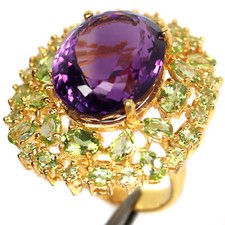 Natural 16 X 21 mm. Purple Amethyst  Green Peridot Ring 925 Silver Sterling