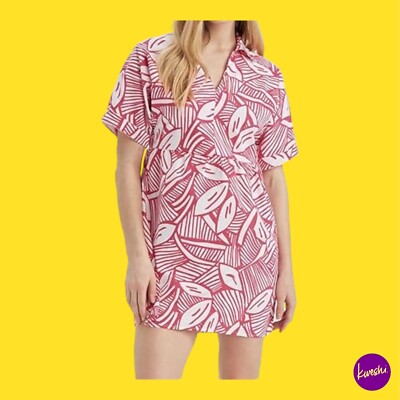 DEFACTO Women's Printed Mini Dress, Collared, Roll Sleeve, Pink, UK 6 | EU 34