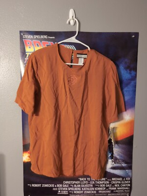 Notations Orange Vintage Short Sleeve Keyhole Back Blouse Size M Shoulder Pads 
