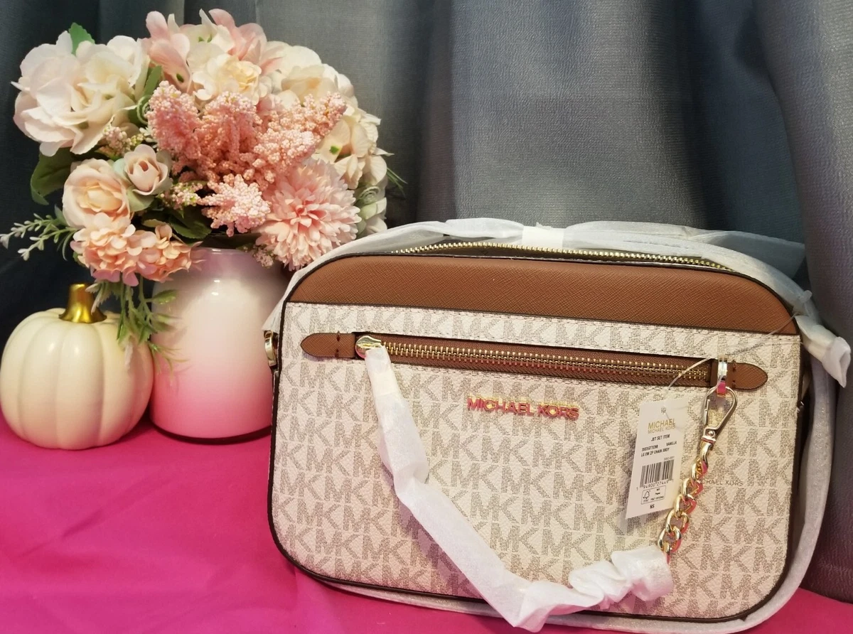 New Michael Kors Vanilla Acorn Brown Crossbody MK Logo Canvas