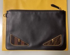 FENDI Bag Bugs Monster Eye Leather Zip Clutch Bag Color Black Authentic Japan