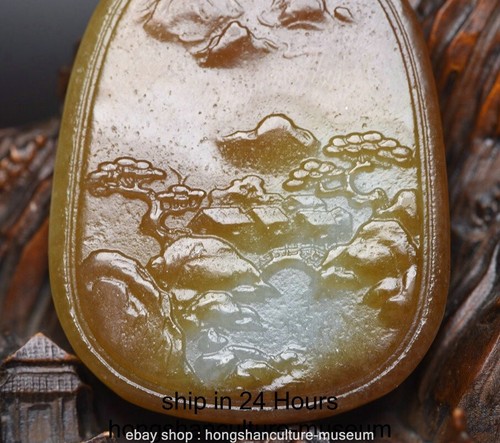 2" Chinese Hetian Jade Carving Mountian Water House Tree Pendant Amulet - Picture 5 of 9