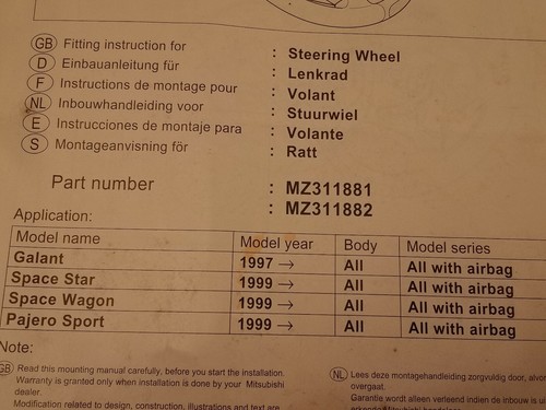 Einbauanleitung Lenkrad PKW Auto Hyundai Galant Space Star Space Wagon Pajero Sp