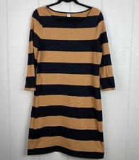 Old Navy Black & Tan Striped Straight Stretchy Dress 3/4 Button Sleeves Size L