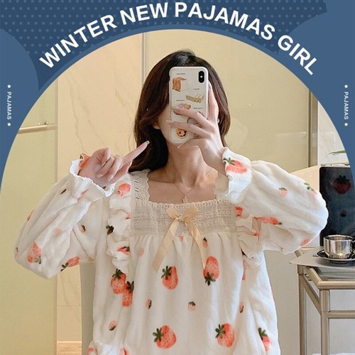 Women Floral Flannel Pajamas Sleepwear Puff Sleeve Lace Square Neck Loungewear - Picture 7 of 28