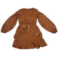 Lulus Brown Polka Dot Long Sleeve Mini Dress Ruffle XS