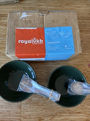 Royal VKB Ineke Hans 2 Ceramic Bowls And Stainless Steel Spoons - Green NEW