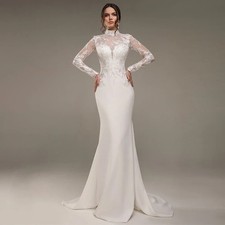 Mermaid Wedding Dresses Long Sleeves High Neck Lace Applique Trumpet Bridal Gown