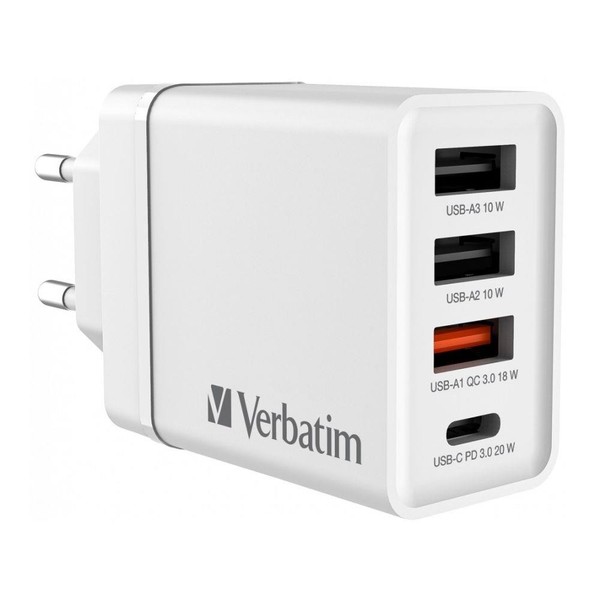 ŁAdowarka Sieciowa Verbatim 1Xusb-C PD 20W 1Xusb-A QC 3.0 2Xusb-A 10W UE BiałA V-image