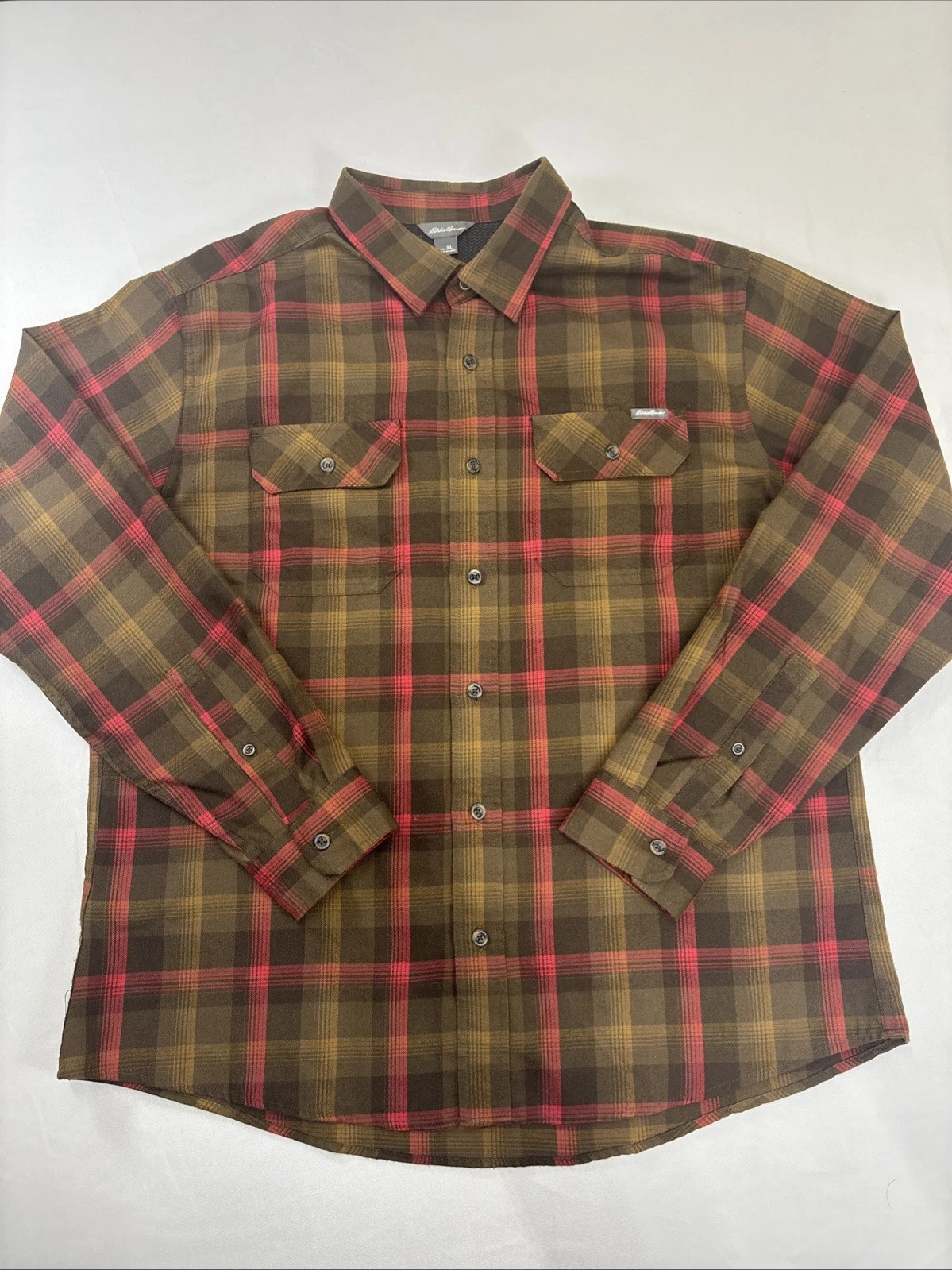 Eddie Bauer Shirt Mens XL Brown Plaid Long Sleeve gorpcore Performance Button Up