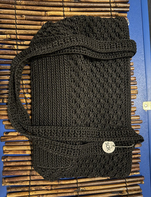 The Sak Black Crochet Shoulder Bag Zip Top Lined with Inner Pockets Silver