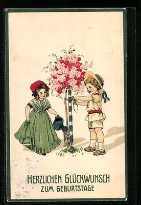 Artist embossed postcard two small gardeners watering a rose tree 1912 