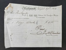 1854 antique RECEIPT richmond va ELIAS HALE auctioneer com merchant 8 DAY CLOCK