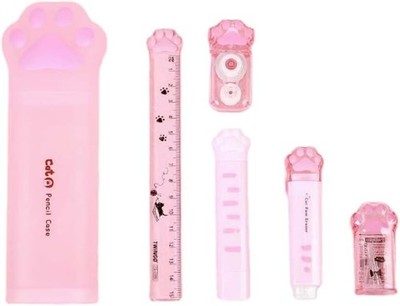 Süße Katzenpfote rosa Federmäppchen mit Radiergummi Anspitzer Korrekturband für Mädchen