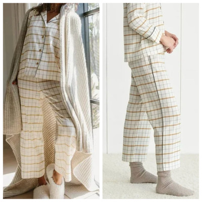 Jenni Kayne Size S Flannel Pajama Pant Crop Straight Leg Relaxed Ivory Plaid