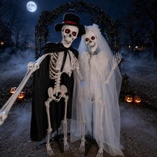 Halloween Skeletons 65",Life Size Posable Bride  Groom with Glowing Eyes