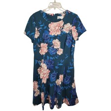 Eliza J Fit Flare Dress Size 14 Teal Pink Floral Short Sleeve Knee Length