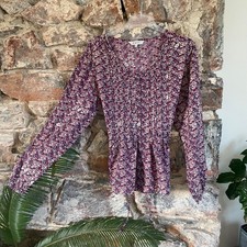 EAST Women Size 12 Burgundy/Navy floral Pleated Blouse Shirt 100% cotton