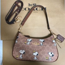 COACH x PEANUTS Teri Shoulder Bag Tan Brown Snoopy Print Signature Canvas CBJ88