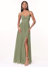 Azazie Zeya Pistachio A-Line V-Neck Pleated Chiffon Dress Size 8 NWT