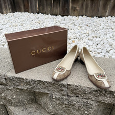 Gucci GG Nylon Ballet Flats Slip-On Square Toe Logo Web Stripe Womens 5.5 B