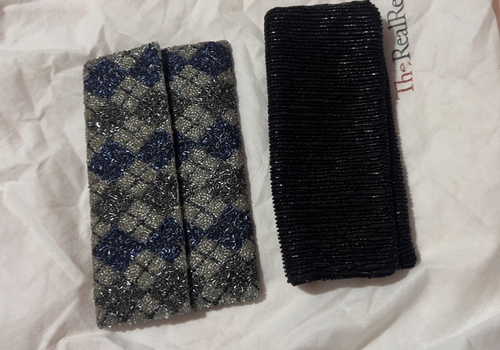 2 Vintage Nine West Beaded Clutch Bags | Silk Evening Purses | Navy Argyle + Bla