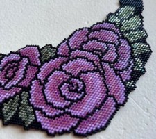Beadwoven Collier Necklace Featuring Three Purple Roses W. Green Leaves -Special