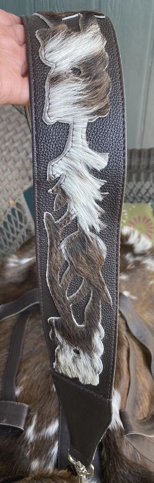 Bolso de Lona 100% Natural PIEL DE VACA Pelo Sobre Cuero Bolso de VIAJE Correa Larga con Cremallera Foto 4 de 4