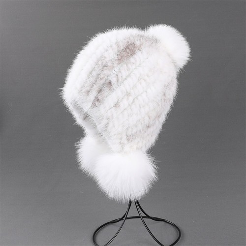 Women's Winter Beanie Hat Genuine Mink Fur Knitted Cap With Earflaps Fox Fur Pom - Picture 15 of 29