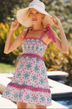 Anthropologie Joy Floral Linen Blend Tie Shoulder Smocked Ruffle Trim Dress M