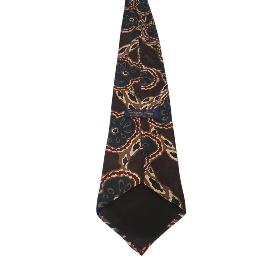 Oscar de la Renta Couture Collection Neck Tie Mens Brown Teal Cream Floral - Image 4 of 4