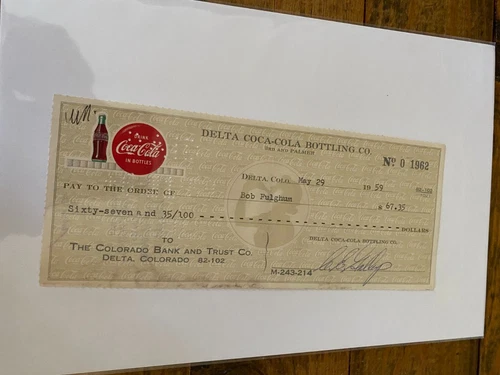 Vintage May 29, 1959 Coca Cola Cancelled Check Delta, Colorado # 1962