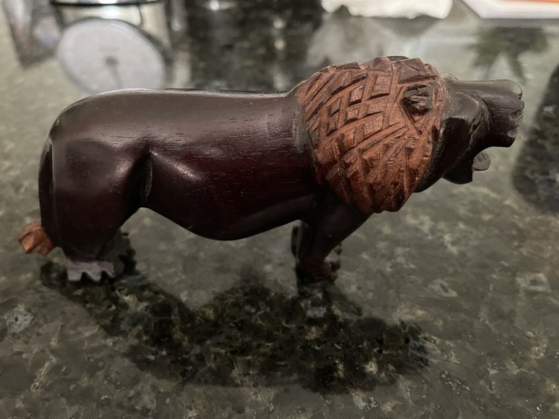 Lion Wooden African Mahogany 7 inches carved Handmade Folk Art Nigeria Unique