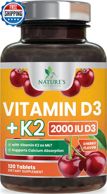 Vitamin D3 K2, Chewable Cherry D3 2000 Iu plus K2 (MK-7) 75 Mcg - 2 in 1 Vitamin