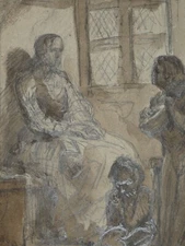 Pencil Drawing And Wash - Female Figures In A Boudoir, 19th Century.