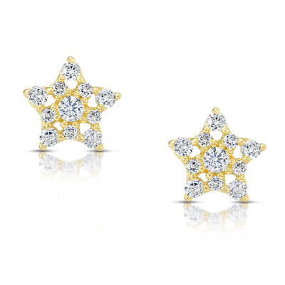 10K Real Solid Yellow Gold Baby Star CZ Sleeper Studs Earrings Screw-back
