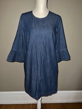 Gap Blue Denim Chambray Ruffle Bell Sleeve Mini Shift Dress Small